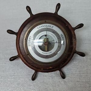 Vintage JG Gischard Aneroid Ships Wheel Barometer - Wood, Brass, Metal Face
